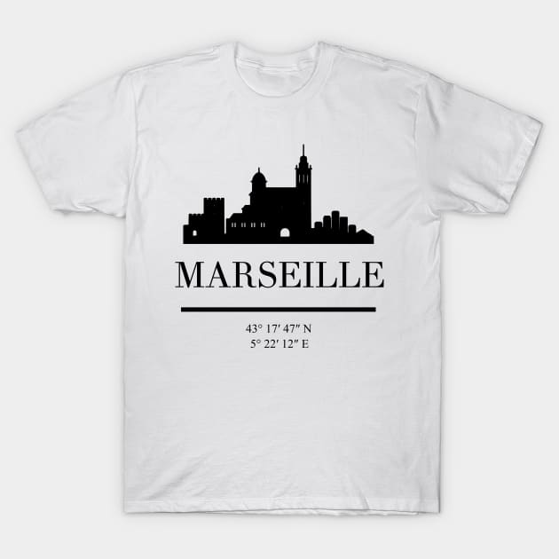 MARSEILLE FRANCE BLACK SILHOUETTE SKYLINE ART T-Shirt by deificusArt